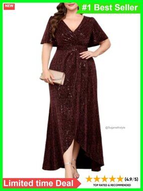 Plus Size Sequin Sparkly Formal Maxi Dress Wrap V Neck Ruffles Mermaid Evening